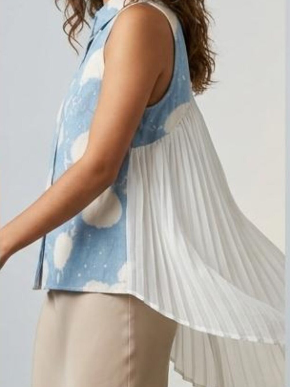 Urban Outfitter X Sparkle & Fade Denim High-Low Pleated Back Mixed Media Blouse